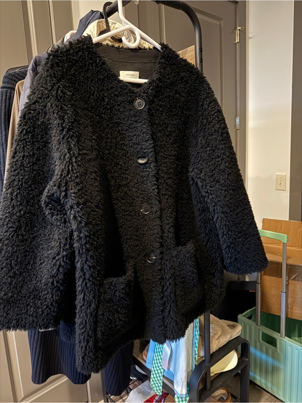 Black Faux-Shearling Button Front Coat - Women's